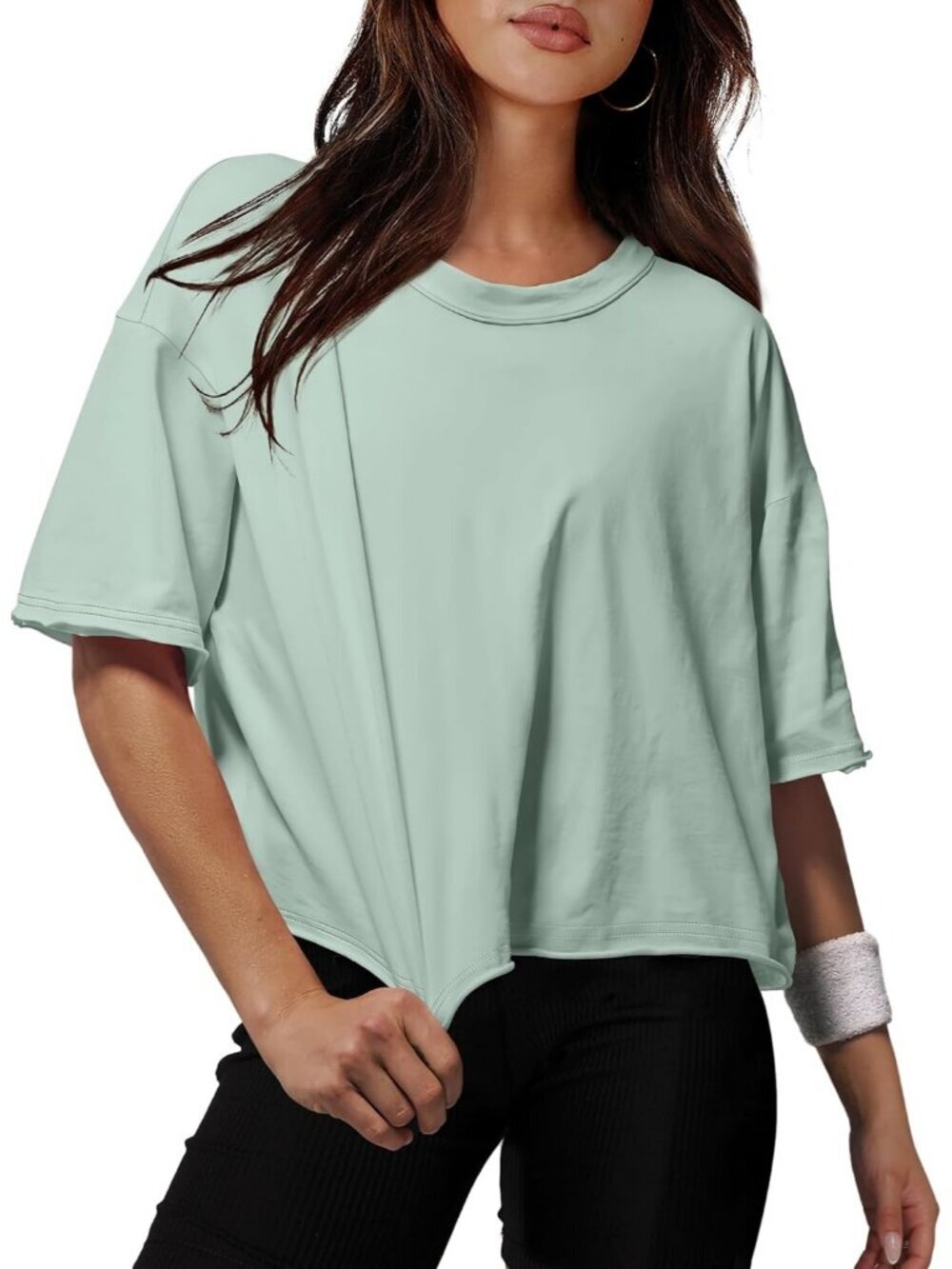 Women's Sage Green Crew Neck Casual Crop Tops Short Sleeve Basic Tees Shirts